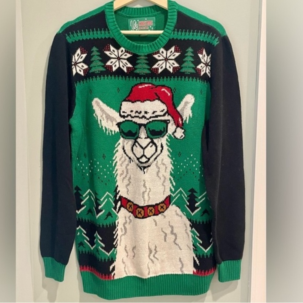 Ugly Christmas Sweater Green and Black Festive Llama Crewneck